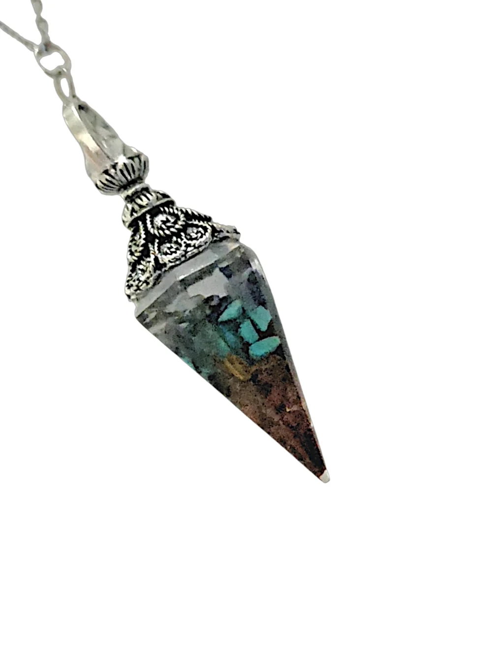 Multicolor Crystal Point Pendant w/ Iridescent Blue-Green & Stainless Steel Chai